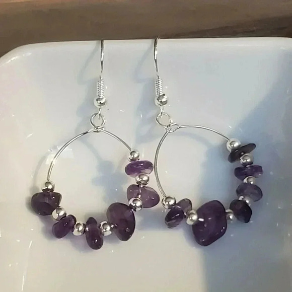 Hand Crafted Baroque Amethyst Gemstone Sterling Silver Plated Beads Earrings - Picture 3 of 7